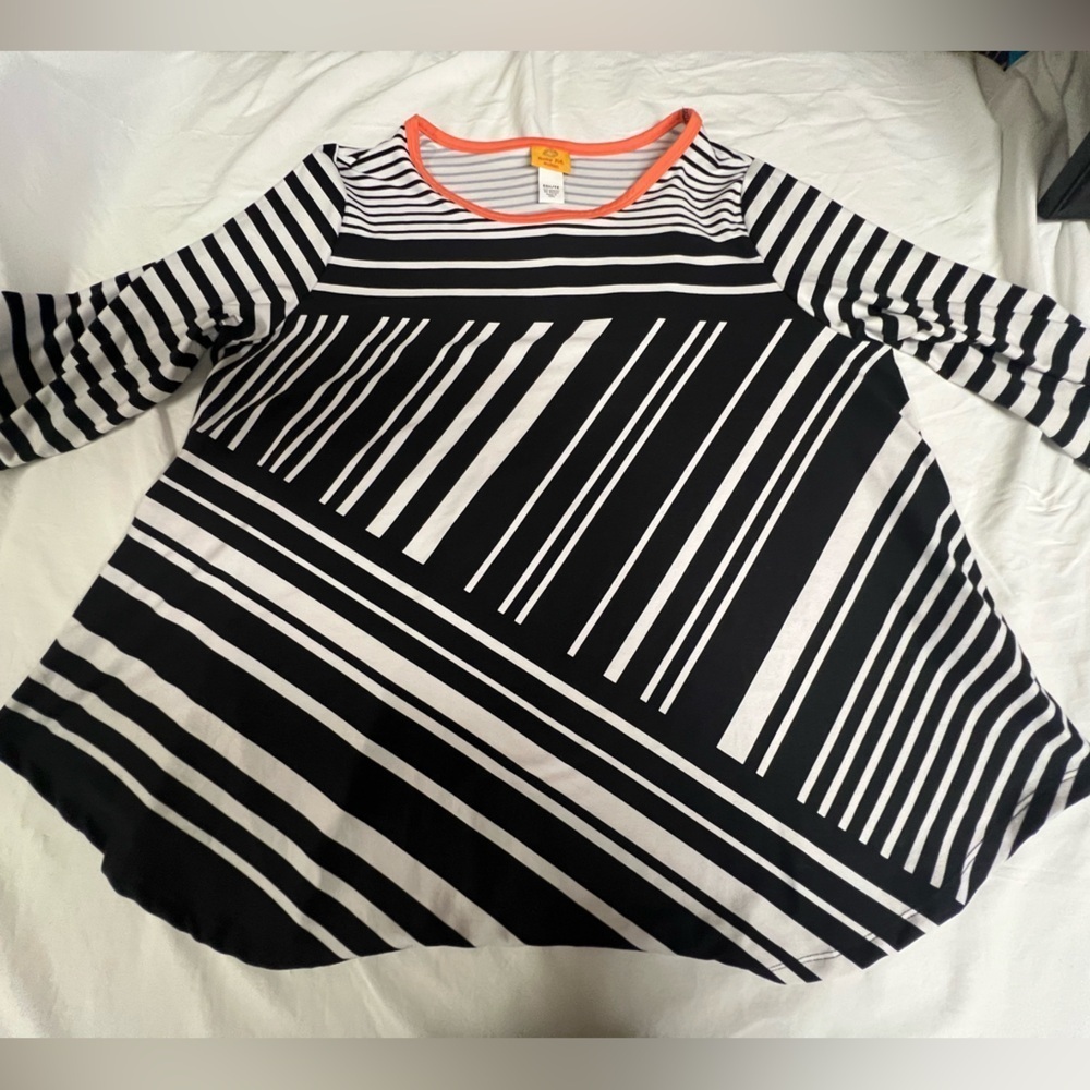 RUBY ROAD WOMEN’S BLACK & WHITE STRIP TOP W/PALE ORANGE TRIM 3/4 SLEEVE SIZE 1X
